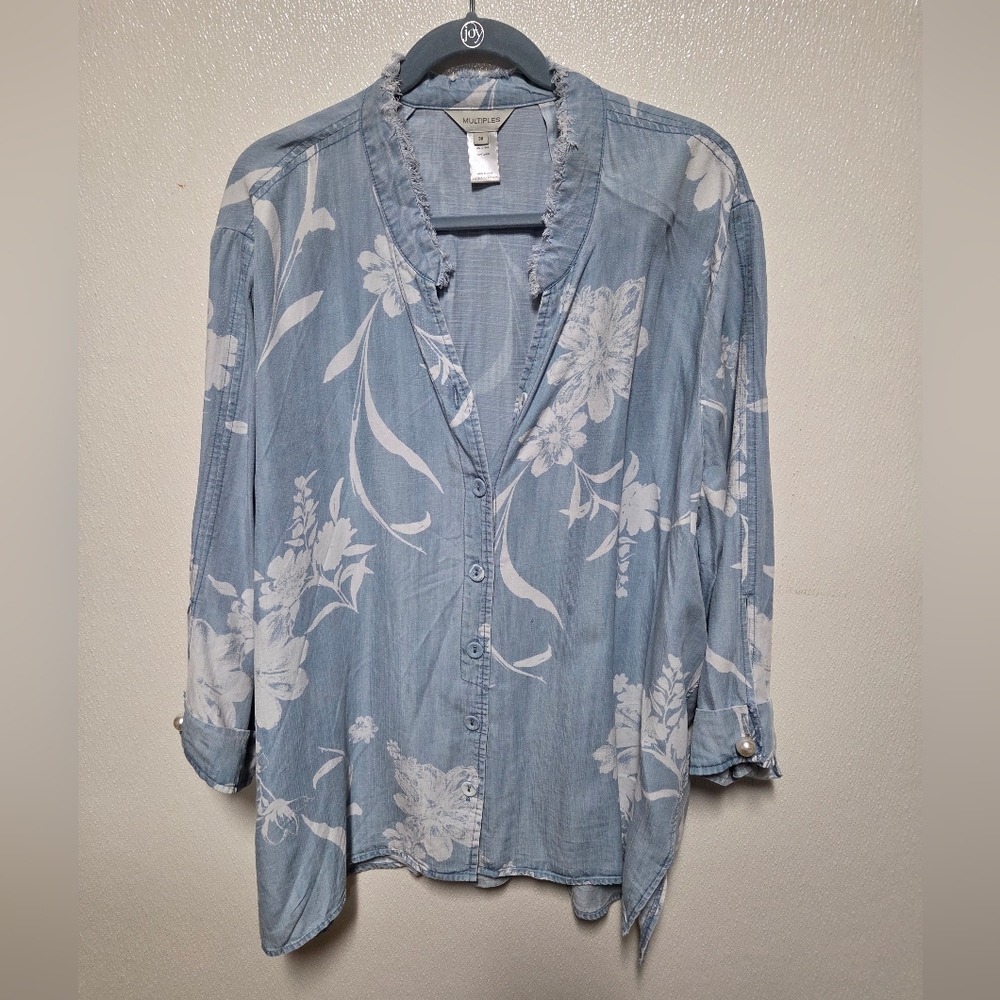 Multiples Light Blue Floral Button-Down Shirt - image 1